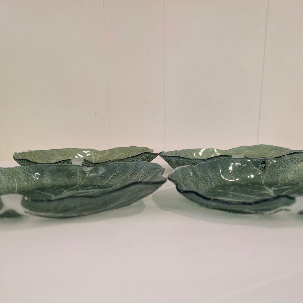 Set of 4 Vintage Green Glass Cabbage Leaf Shaped Serving Dishes Appetizer Plates - Picture 14 of 16